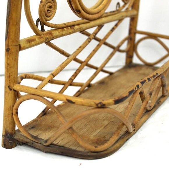 Vintage 1970's Bamboo Aged Wall Shelf Round Mirror Boho Retro As-Is - Picture 5 of 10